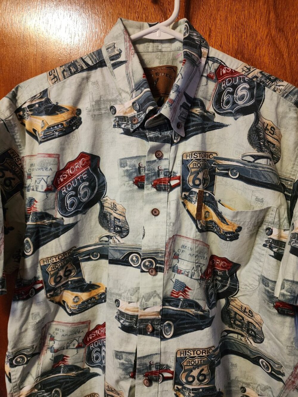 Men's Large North River Blue Route 66 Car Print Short Sleeve Button Down Shirt